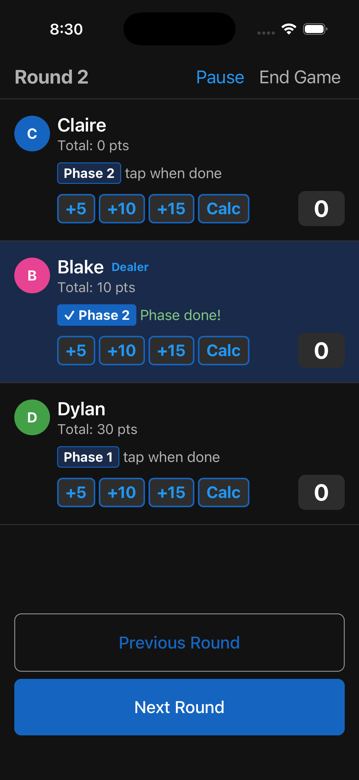 Phase Count gameplay screen showing 4 players with scores and phases